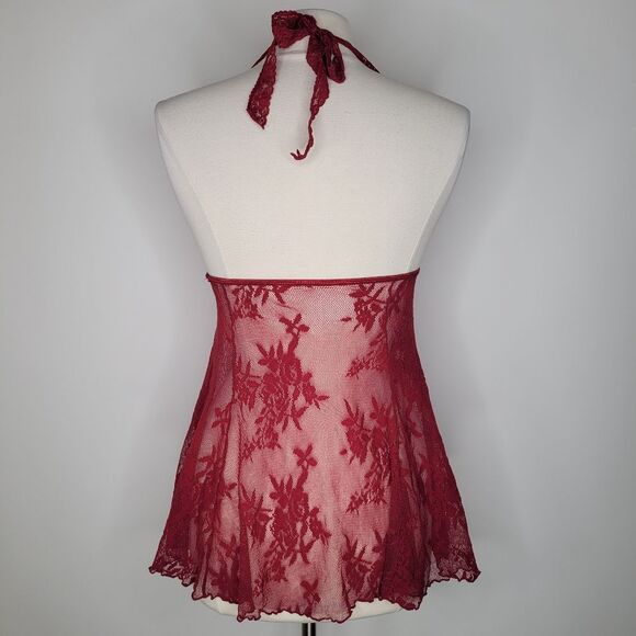 FREDERICKS OF HOLLYWOOD Maroon Lace Babydoll Size M/L Halter Neck Floral Unlined - Picture 2 of 6